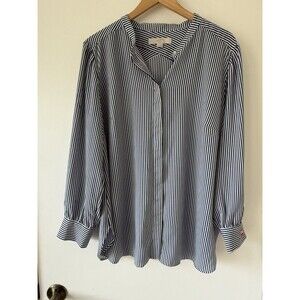 Loft Plus Women Button Up Blue Shirt Sz 18 Long Sleeve Striped Nautical Casual
